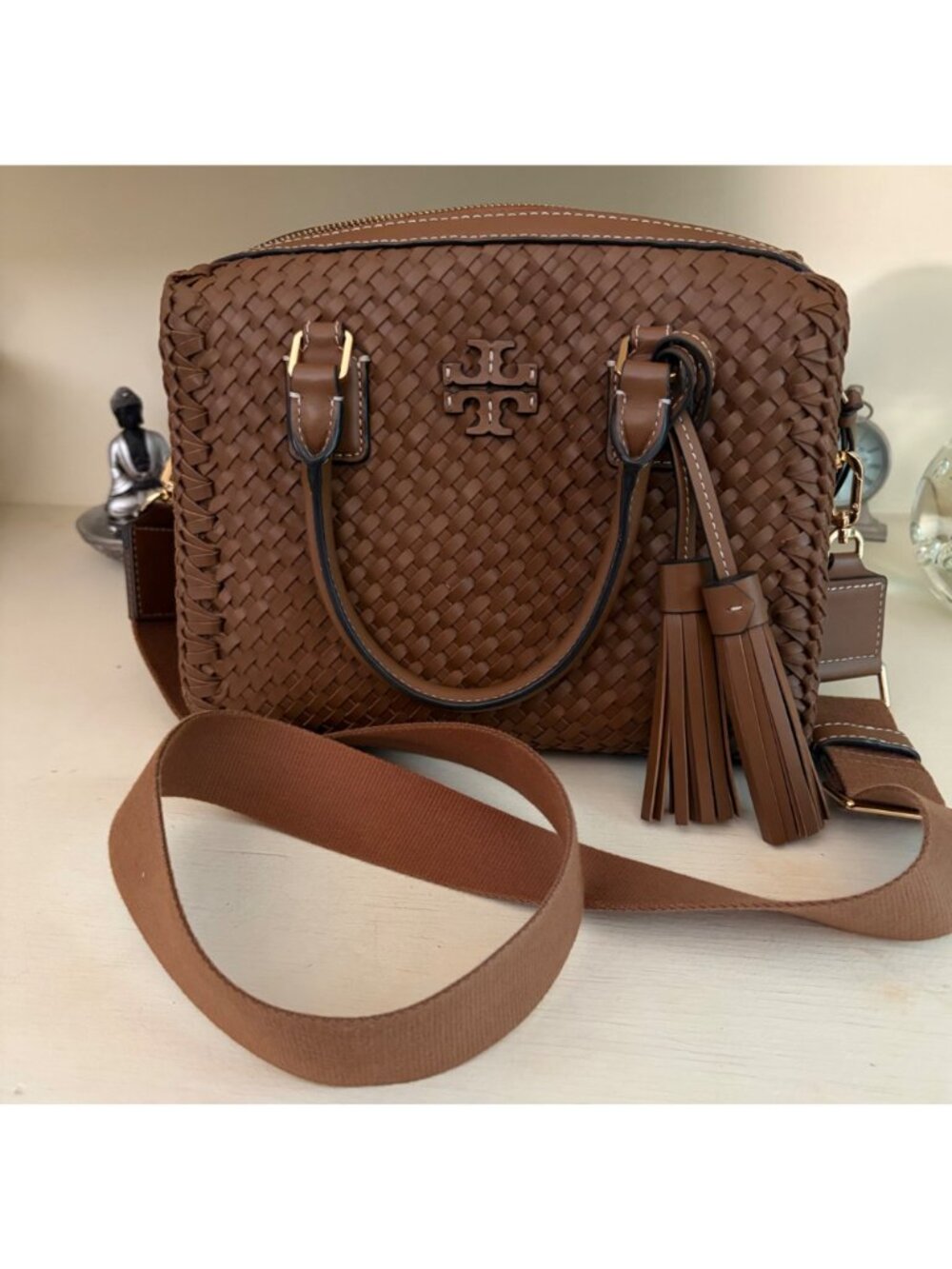 Tory Burch Thea Woven Leather McGraw Web Small Satchel Handbag Wide Crossbody Sh - Picture 3 of 16